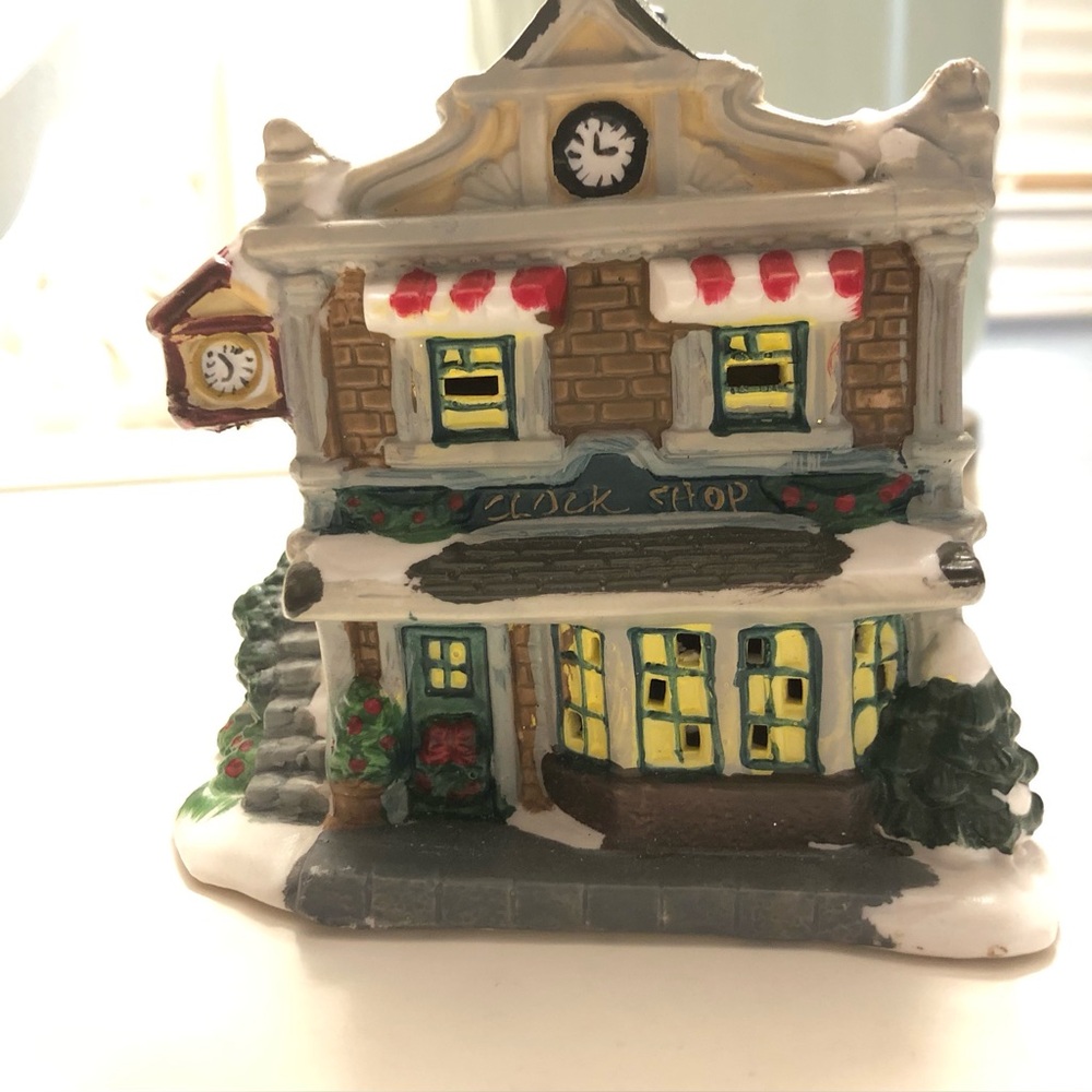Vintage Clock Shop Christmas Village Figurine Light